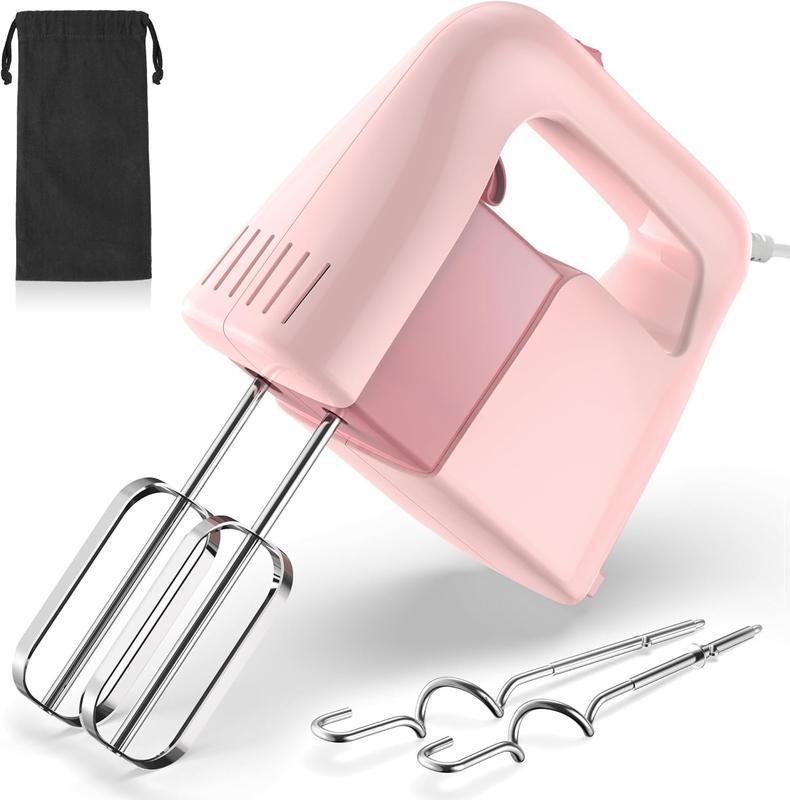 TikTok Shop 5 Speed Electric Hand Mixer 400W Electric Mixer Food Mixer with Stainless Steel Whisk Beaters Dough Hook Storage Bag Handheld Mixer Dough Mixer for Baking Cooking Turbo Boost Pink