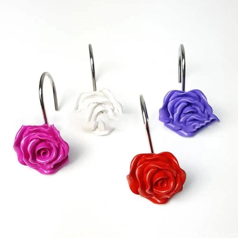 12Pcs Smooth Glide Rose Flower Design Shower Curtain Hook Free Sliding Decorative Hooks Shower Curtain Rings Rustproof Anti-Drop Shower Rod Ring Bathroom 3