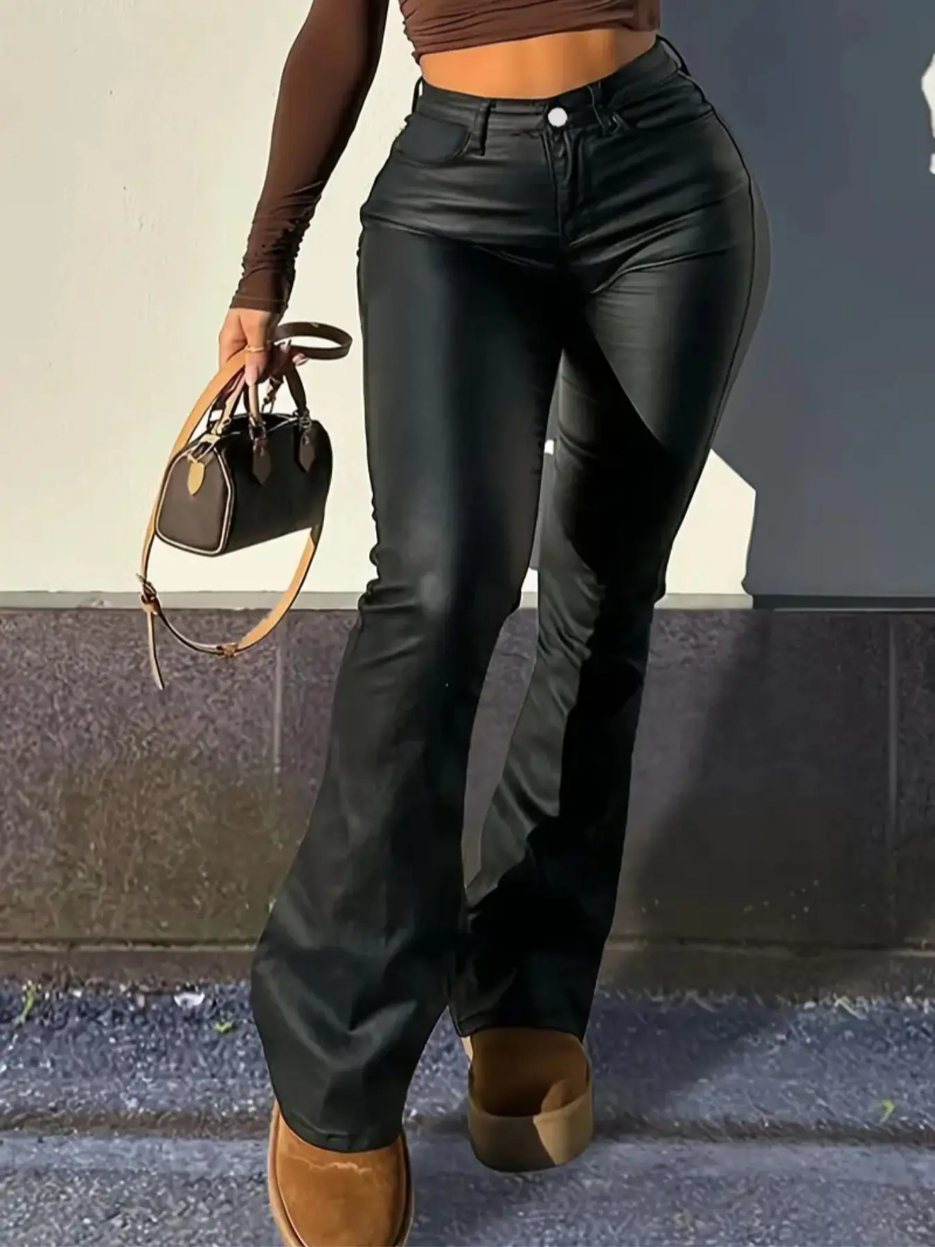 Women's Plain Button Fly Flare Leg Denim Leggings, Fashion Casual Pocket Design Bell Bottom Skinny Jeans for Daily Outdoor Wear, Ladies Bottoms for All Seasons， Tall Trousers
