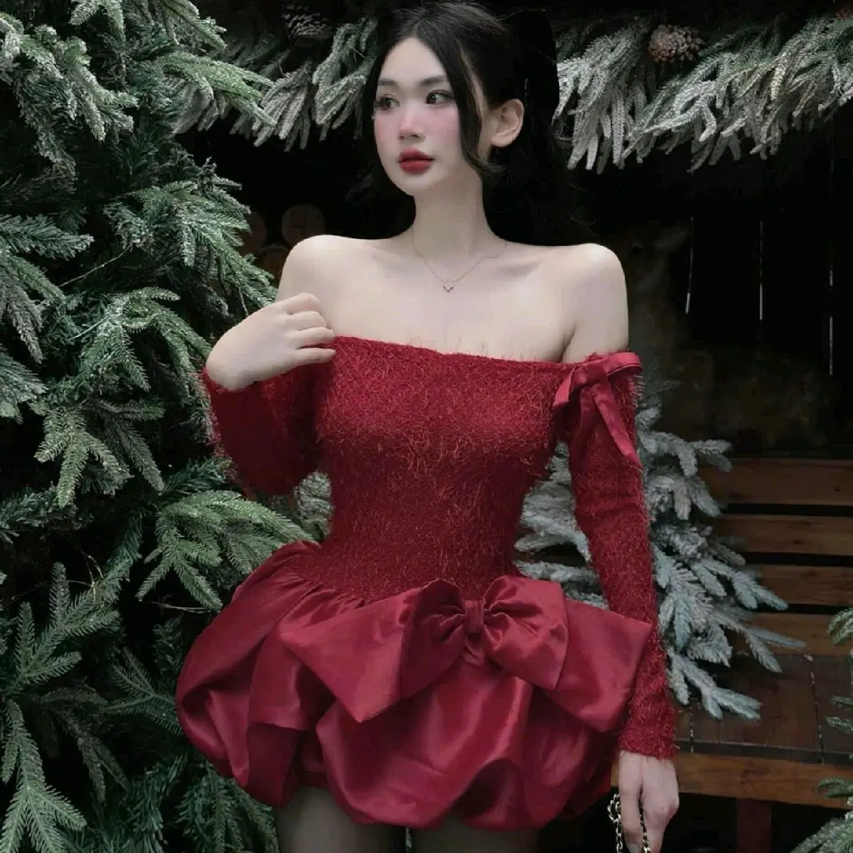 Hàng thiết kế  Váy trễ vai phối lông Chân Váy Bồng xinh iu Nữ Women Áo Dress Top