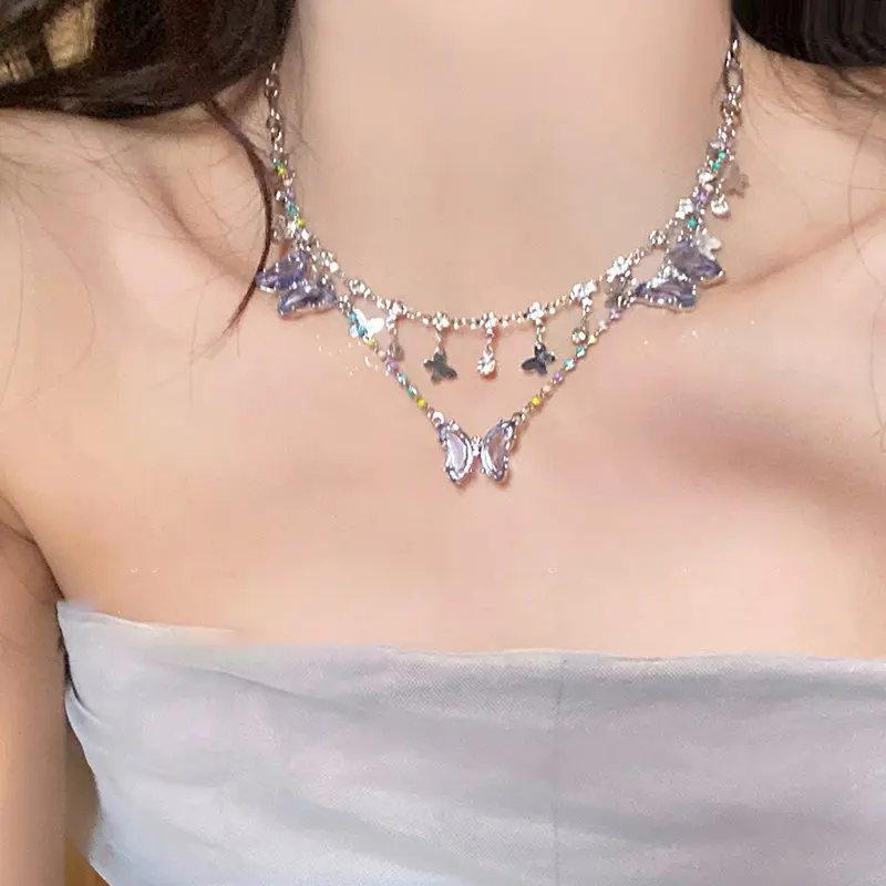 Kalung Loket Rama-rama, Fesyen Korea, Zirkon Berganda, Kristal Ungu ...