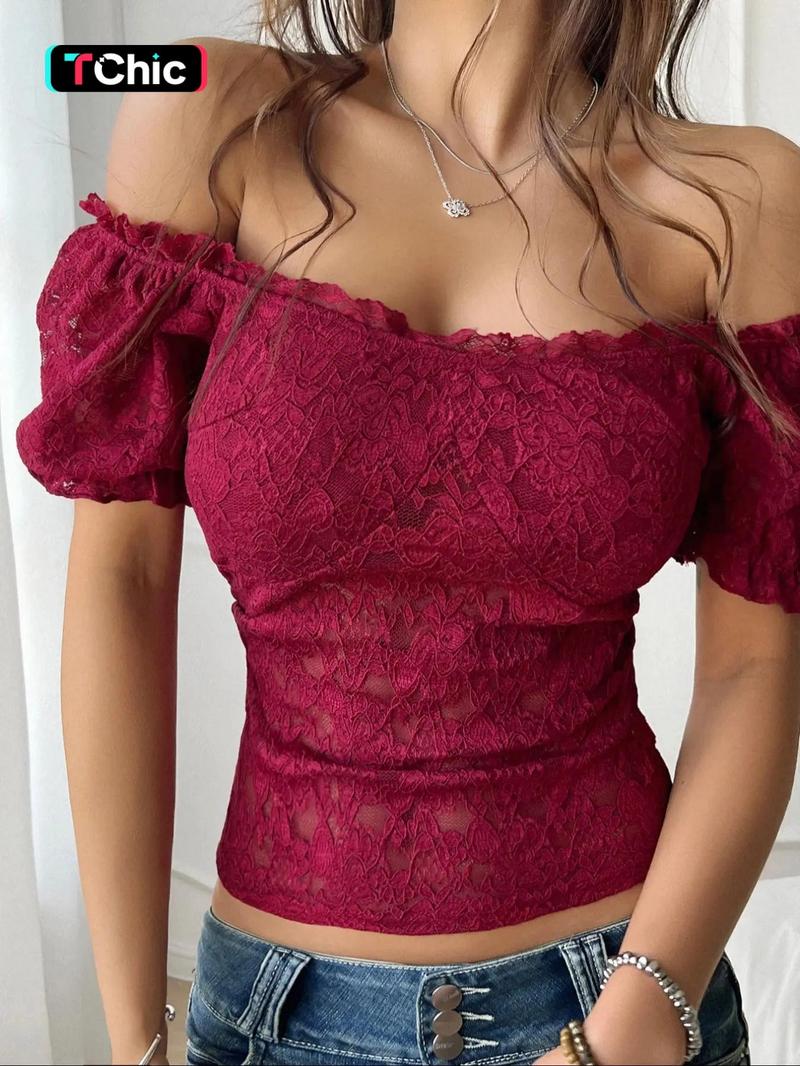 Product Introduction of Women's Plain Contrast Lace Off Shoulder Tee, Casual Elegant Slim-fitting Short Sleeve T-shirt for Summer, Ladies Clothes for Daily Wear 1