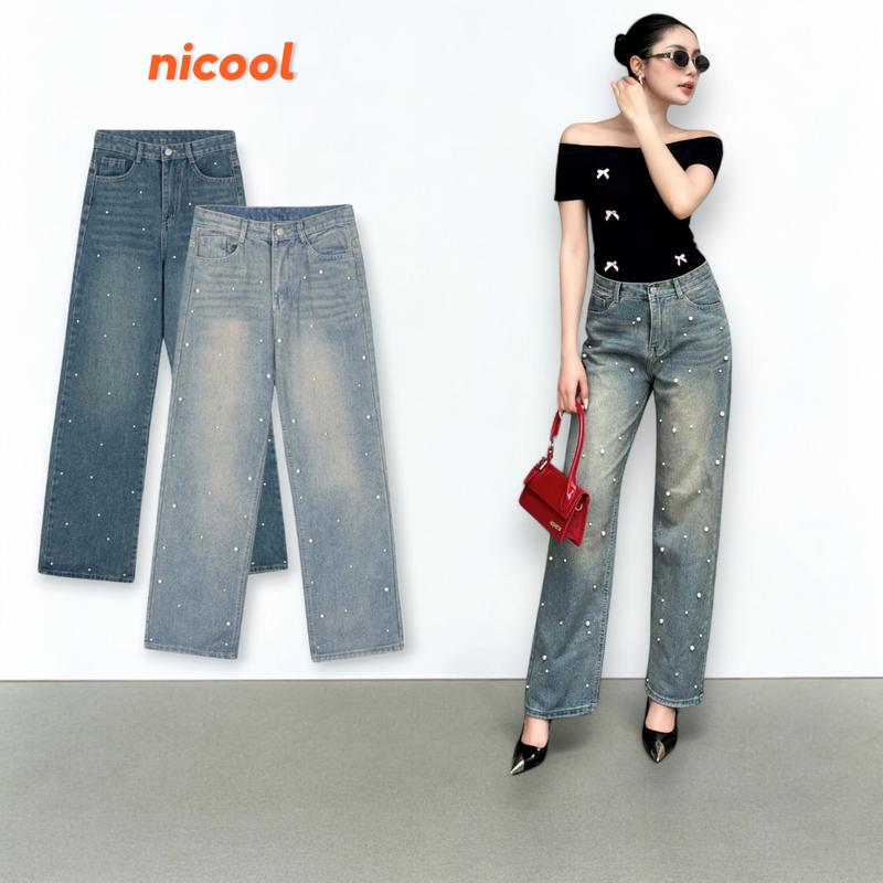 Quần Jean Nữ Ống Suông Đính Hạt Cườm Hot TREND Nicool N41-Q50 Women Pants
