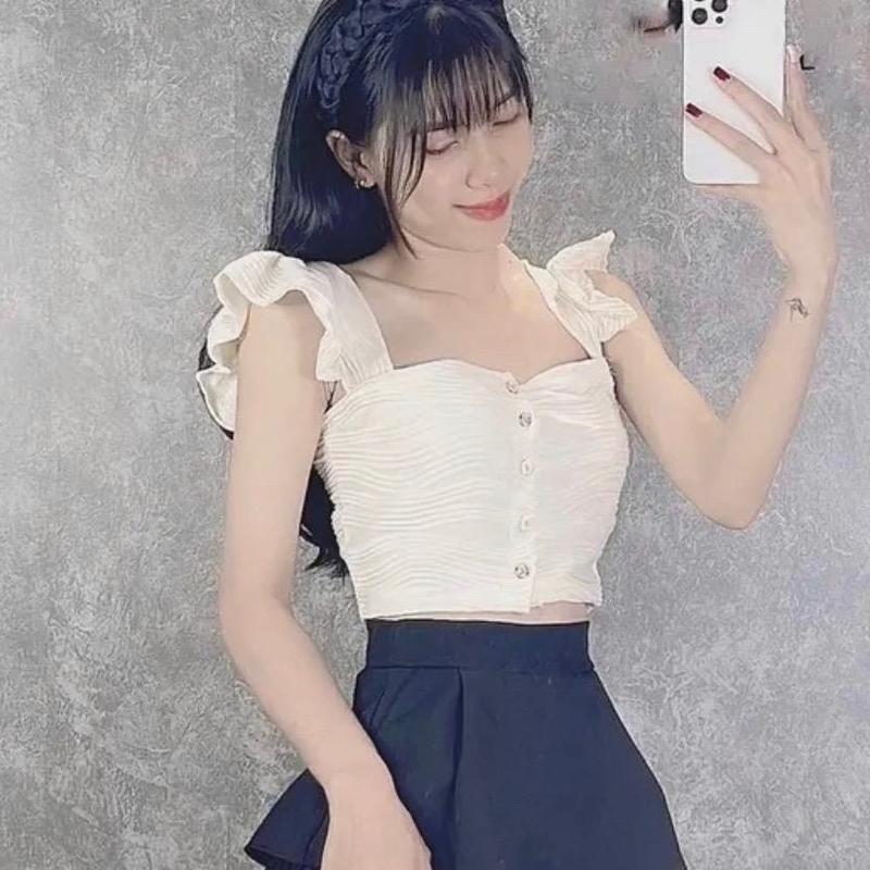  Áo croptop cánh tiên tiểu thư sang chảnh vải xốp contton Nữ Sơ Mi 