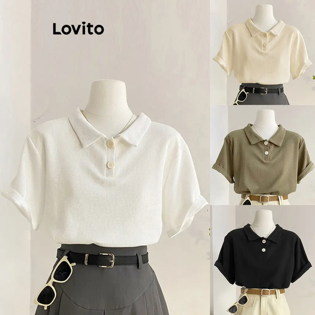 Áo Thun Polo Dệt Kim Hình Bánh Quế Trơn Thường Ngày Lovito, Dành Cho Nữ, L68ED039, Nhiều Màu, Áo Polo Dệt Kim, Trơn Và Thường Ngày