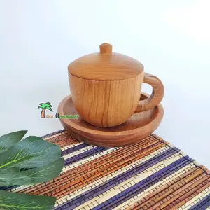 ARENHANDICRAFT 1 set cangkir kayu jati (cangkir+alas+tutup)