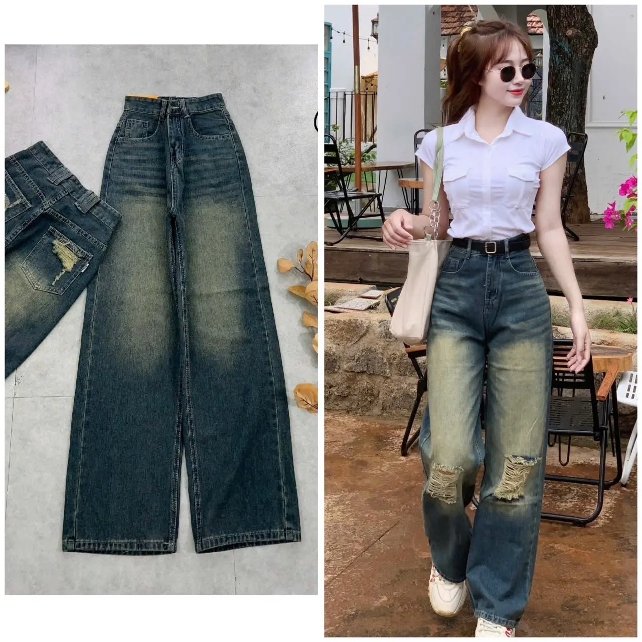 Quần jean suông màu nâu pha rêu thời trang (màu dơ bụi)