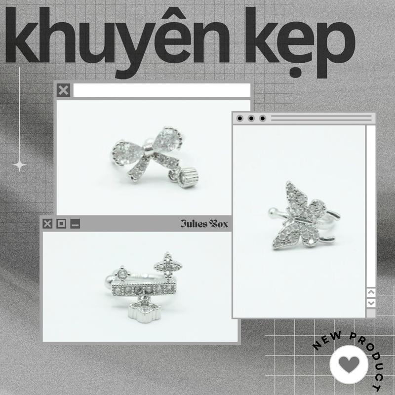 [1 Chiếc] Khuyên Tai KẸP CHARM KHÔNG CẦN LỖ XỎ Đính Đá Màu Bạc Không Ngứa Bông Tai Unisex Julies Box 66