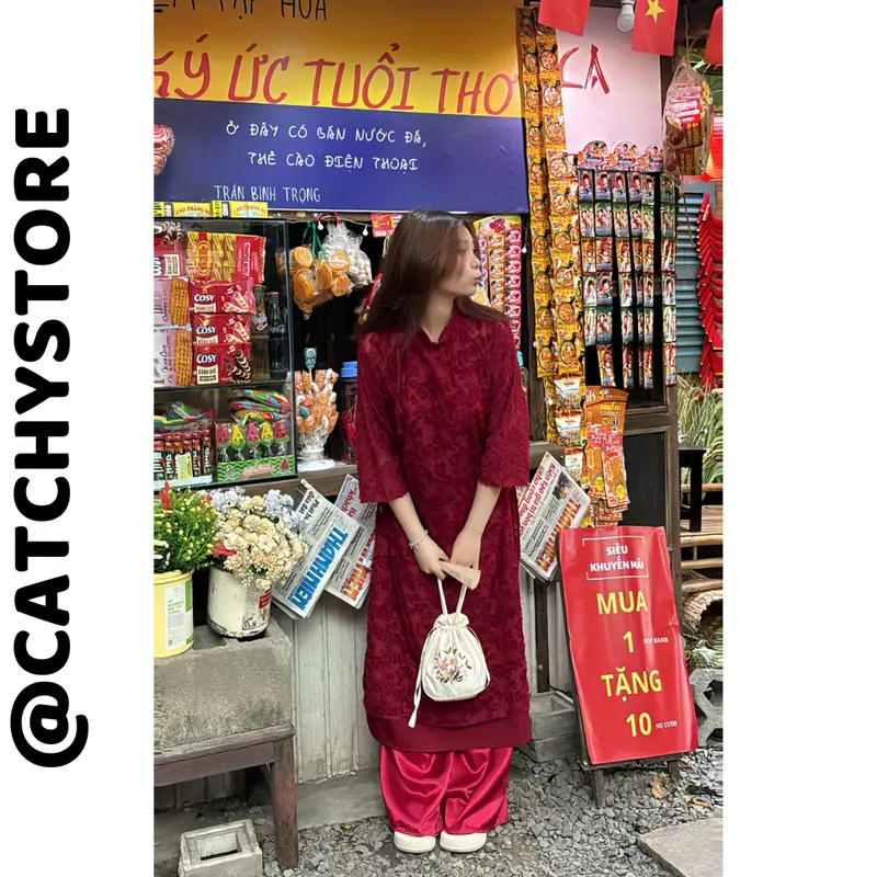 Áo Dài Cách Tân Nữ Lông Vũ Buộc Nơ Cách Điệu Kèm Quần Lụa Trơn Xinh Xắn Nhiều Màu CATCHYstore Áo Dài Mặc Tết Cho Nữ Phối Quần Lụa Women Dress Kem Đỏ Hồng Sen aodai  dang suong 3