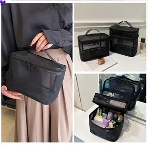 New Tas Kosmetik Dua Lapis Mesh Makeup Bags Cosmetic Pouch Transparent Tahan Air Tas Kosmetik Kapasitas Tinggi
