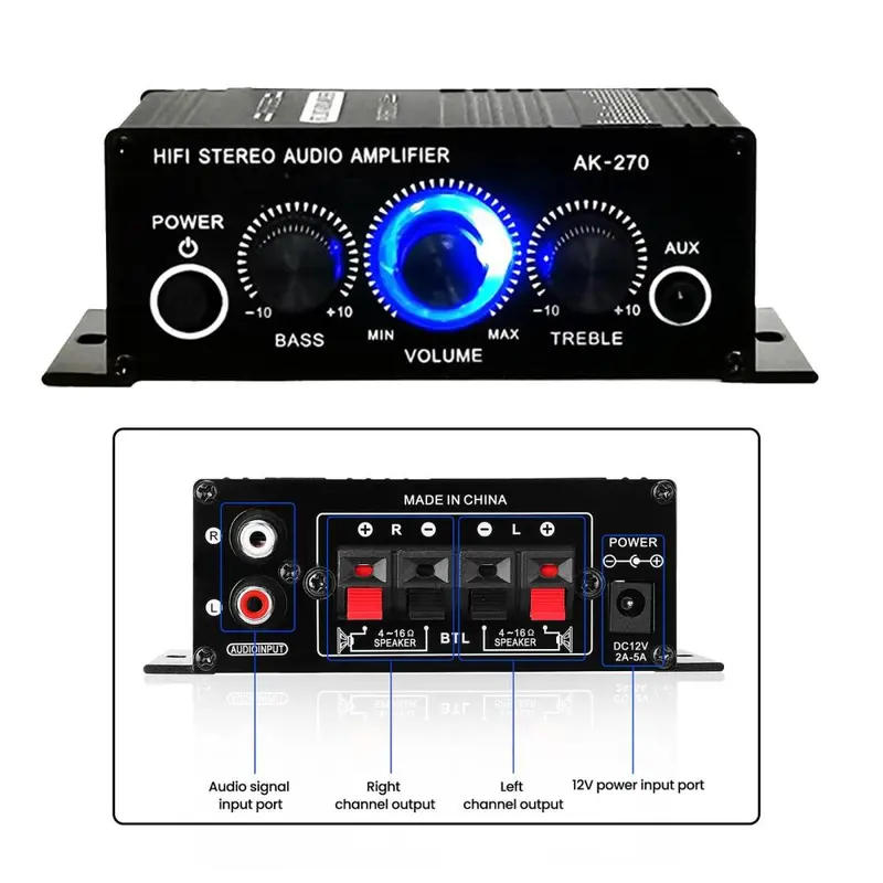 Bộ khuếch đại âm thanh nổi mini, AMP, 12V 2A, Âm thanh 2 kênh, Đầu vào âm trầm và âm bổng, 3,5 mm AUX, Thích hợp cho loa nguồn 0
