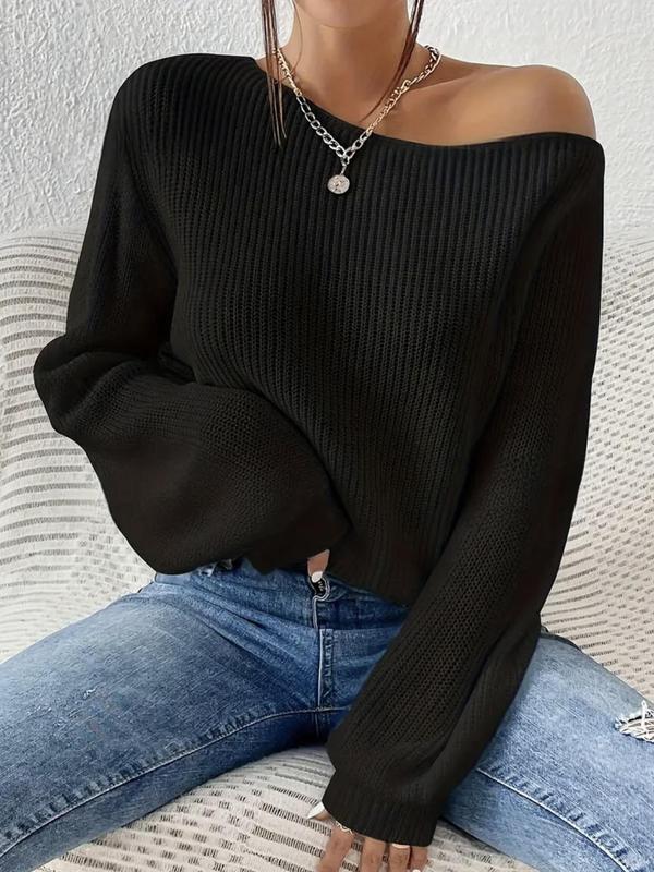 Women's Minimalist Solid Drop Shoulder Asymmetrical Neck Kni Women's Minimalist Solid Drop Shoulder Asymmetrical Neck Kni