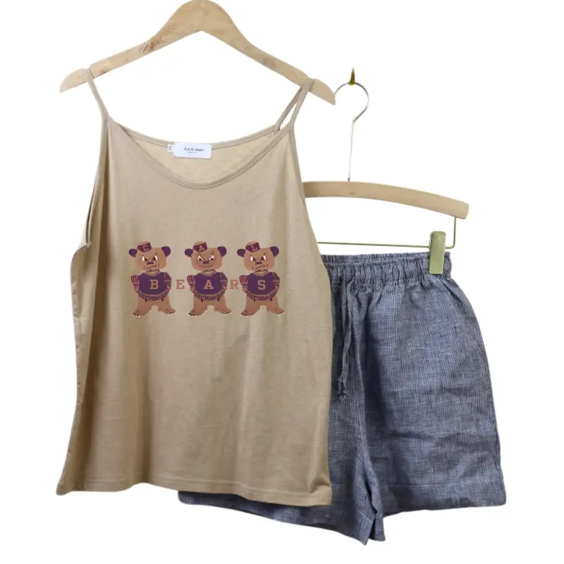 Set Đồ Nữ 2 Dây, Quần Short Kẻ Ô Linen Anhstore, Phom Rộng, In Hình Dễ Thương - Áo Nữ - Women Nhung Top Thun 4