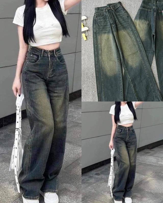Quần Jeans Nữ Ống Rộng , Quần Bò Nữ Form Trơn Đơn Giản Xanh Ánh Vàng Wash Loang Màu Mới Siêu Hot Ong Pants