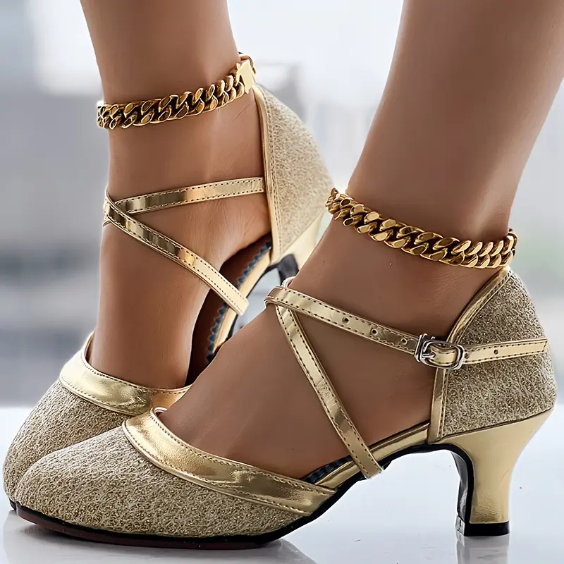 Women's Glitter D'Orsay Latin Dance Shoes, Crisscross Buckle Strap Chunky Mid Heels, All-Match Dress Dance Pumps 5