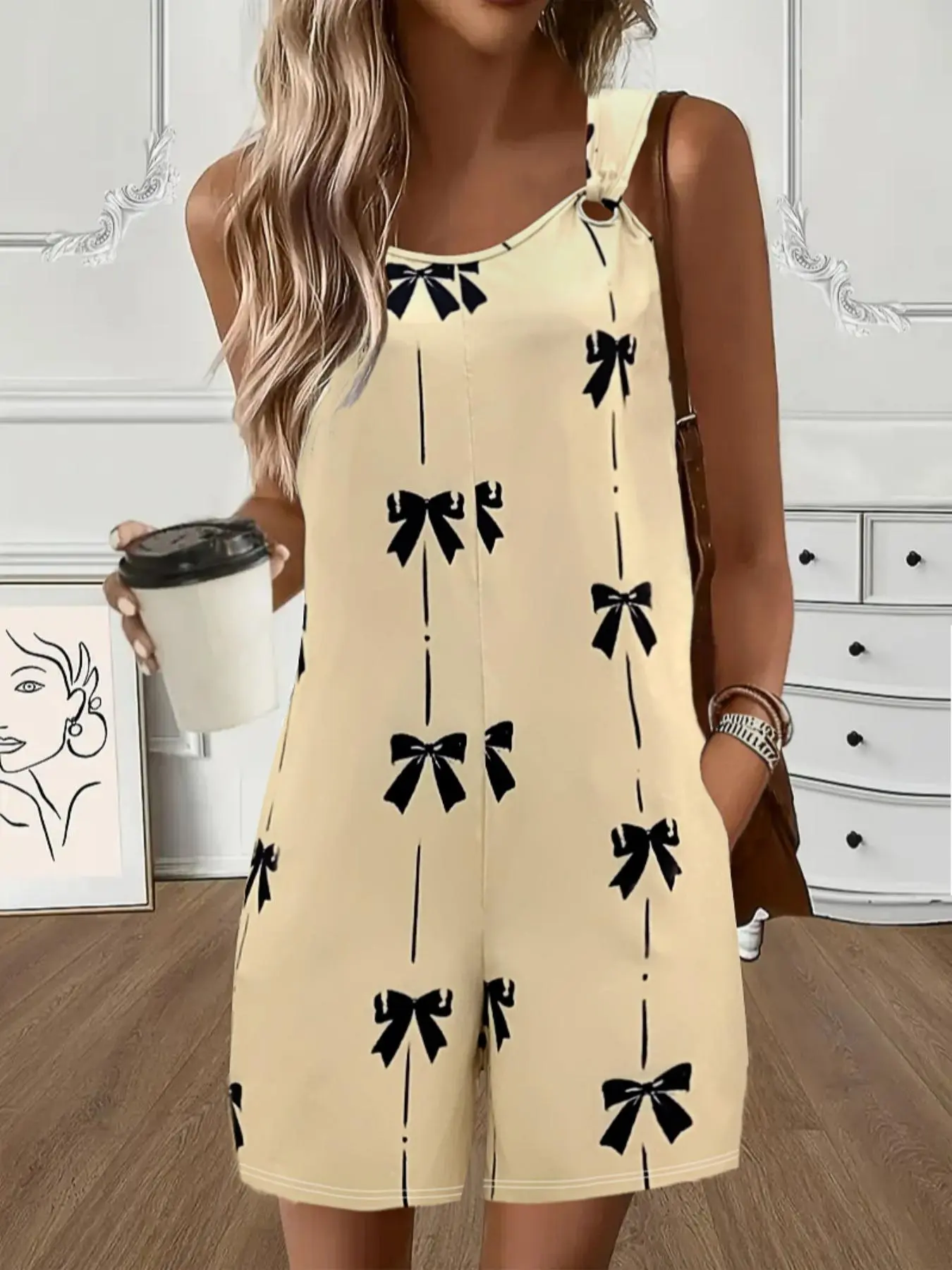 Women's Bow Print Pocket Romper, Casual Sleeveless Romper for Summer, Fashion Women's Clothes for Daily Wear