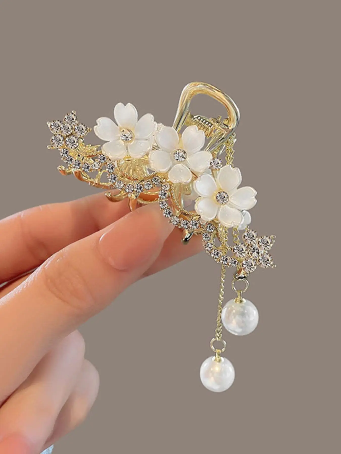 Rhinestone & Faux Pearl Decor Tassel Design Hair Claw, Flower Design Hair Claw, Chic Gorgeous Hair Accessories for Hairstyle Decor for Women & Girls, Valentine's Day, Gift