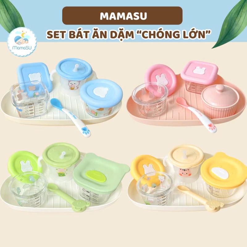 Bộ Set Bát Ăn Dặm Chóng Lớn Cho Bé Gồm Hũ Thủy Tinh Chia Vạch Bát Sứ Thìa Cốc Tập Hút