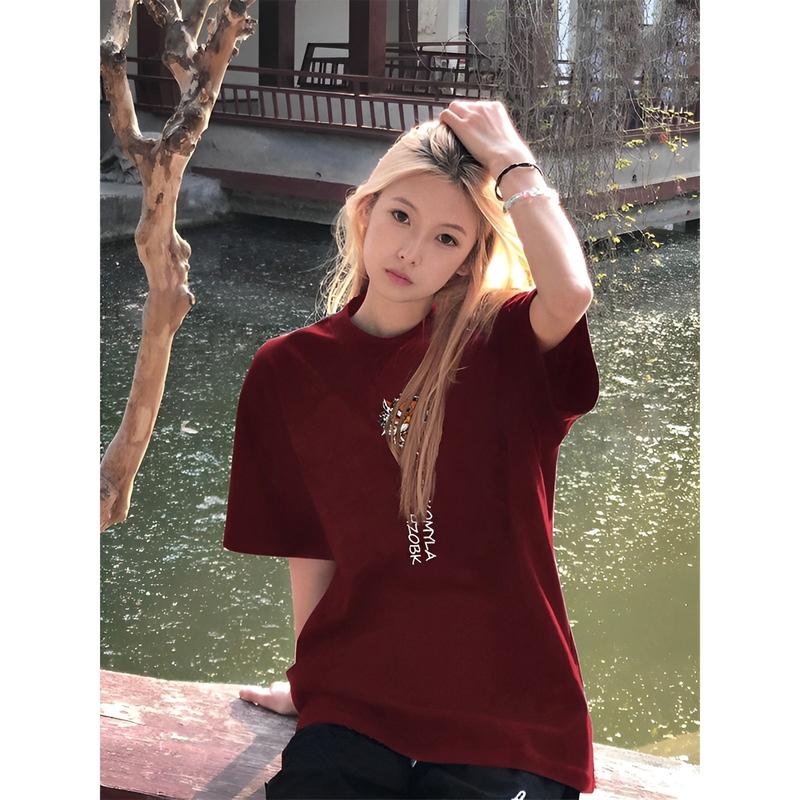 Product Introduction of Áo Cotton Ngắn Tay, Màu Đỏ Tía Lễ Hội, Cổ Tròn, Unisex, Hàng Mới Về Mùa Hè 3