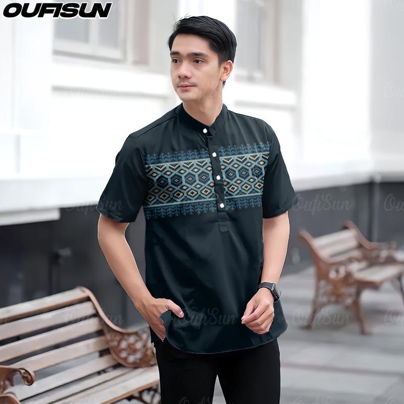 Product Introduction of Baju Raya 2025 Malaysia Ramadan Modern 3D Sublimation Print Stand Collar Short Sleeve Men's Shirt Casual Batik Koko Kurta Formal Shirt, MEN'S KOKO SHIRT 5