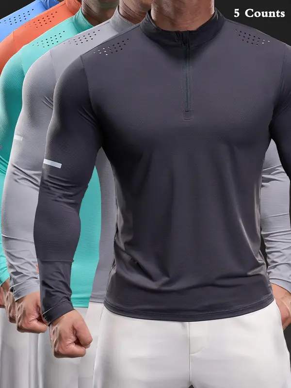 Men's Half Zip Up Stand Collar Sports Tee, High Stretch Tight-fitting Casual Comfy Breathable Long Sleeve T-shirt for Gym Workout Running, Men's High Stretch Sportswear for All Seasons, Athletic Fitted Breathable Mens Clothing 7