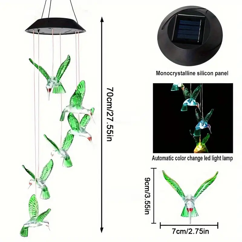 Solar Wind Chimes, Solar Color-changing Hummingbird Wind Chimes, Suitable for Garden Patio Decoration, Souvenir Gifts for Family and Friend 1