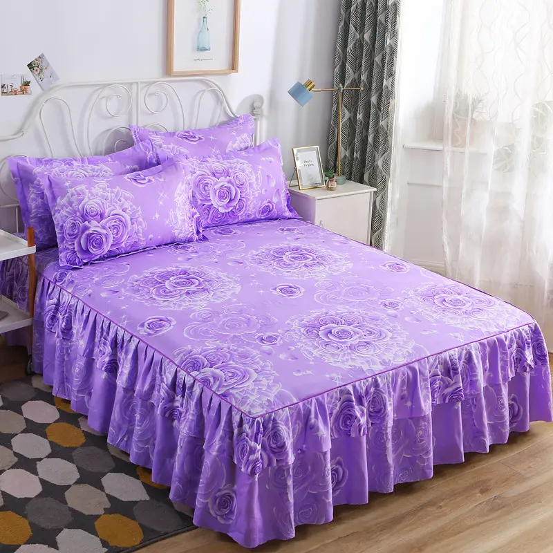 Floral Bedsheet Elastic Skirt Fitted Sheet With Pillowcases Linen Cotton Washable Queen King Size Mattress Cover