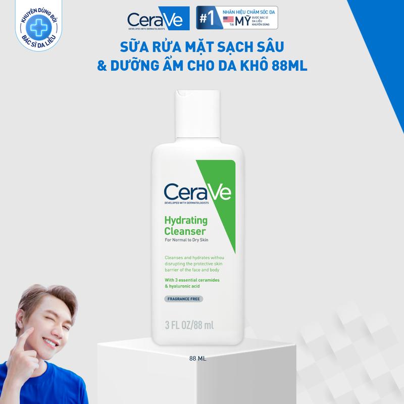 [Deal FlashSale] Sữa rửa mặt giúp làm sạch sâu dành cho da thường và da khô Cerave Hydrating Cleanser 88ML. Sữa rửa mặt dạng gel không tạo bọt làm sạch sâu dịu nhẹ và cung cấp độ ẩm cho da. Chăm sóc da_Sữa rửa mặt_Skincare cho Nam và Nữ