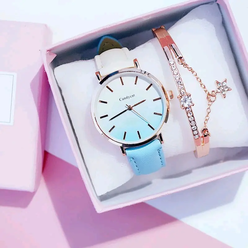 Free Box | Jam Tangan Wanita Analog Strap Pu Bulat Gradasi Candy