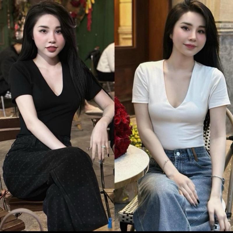 Áo thun cổ tim may 2 LỚP chất BOZIP 2 màu trắng và đen Bigsize