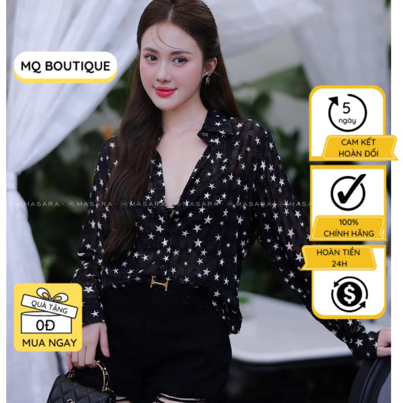  Áo sơ mi tơ sọc nhũ dài tay nũ cao cấp công sở họa tiết sao nhỏ nền đen sọc MQ Boutique Nữ Top 