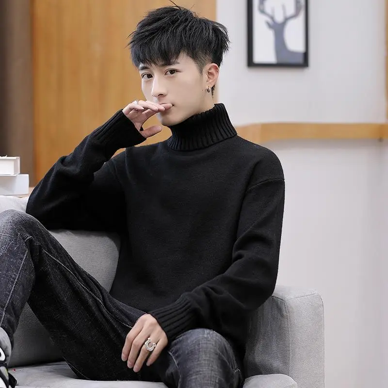 Áo Len Cổ Lọ Dáng Ôm Phong Cách Hàn Quốc Cho Nam, Áo Hai Ve Áo Màu Trơn, Áo Cơ Bản, Áo Len Dệt Kim Bó Sát, Quần Áo Dày Lót Lông Cừu