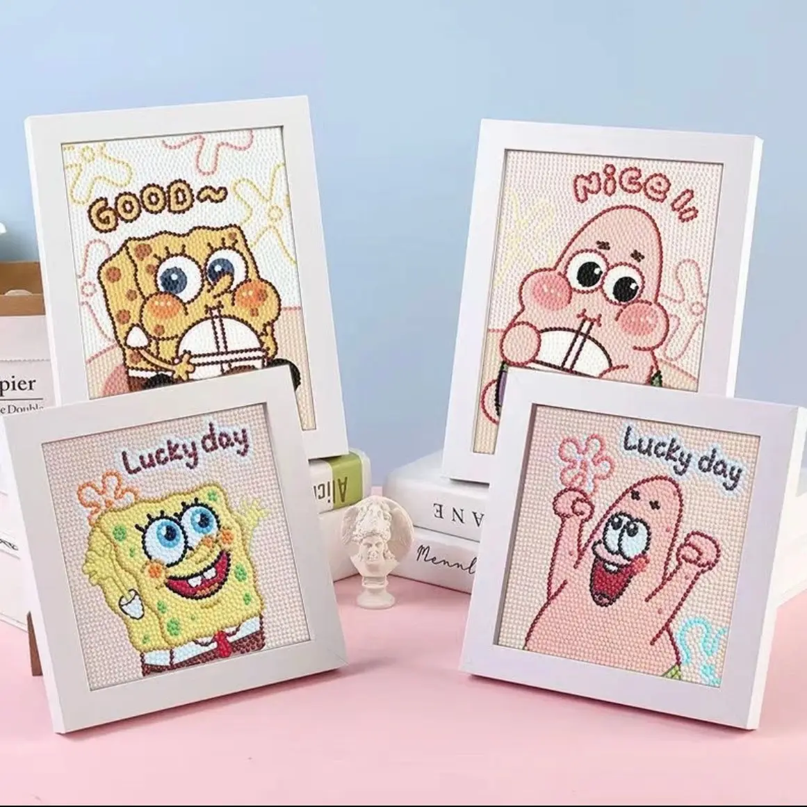 GoLiving Bingkai Putih  SPONGRBOB Stiker Diamond Painting Anak Aesthetic Edition DIY Full Drill Not Standing 4 VARIAN DIY cewe kado kerajinan
