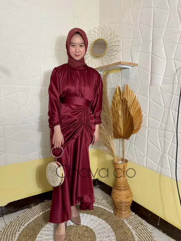 Vannya Dress Satin Silk Premium Bridesmaid Viral Long Dress Serut Pesta Kondangan Karet Muslim Wanita Gamis Maxi Panjang Armani Gaun Biru Navy Formal Velvet Putih Menyusui Coklat Hitam 5
