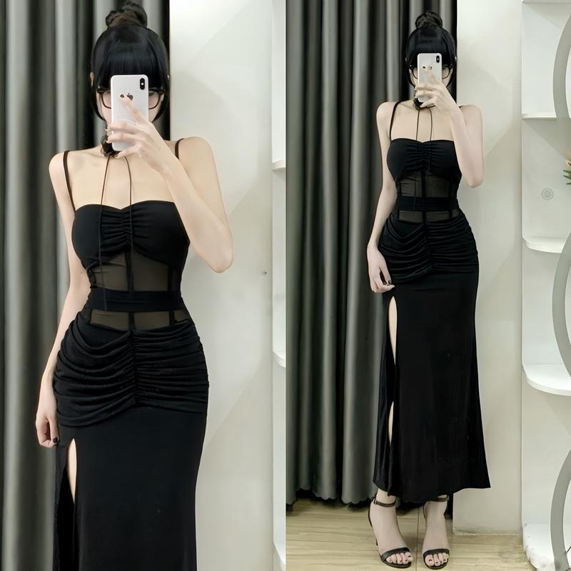  V218 -  Đầm Body Hai Dây Nhúng Hông Xẻ Tà Bên Trái   sẵn mút   