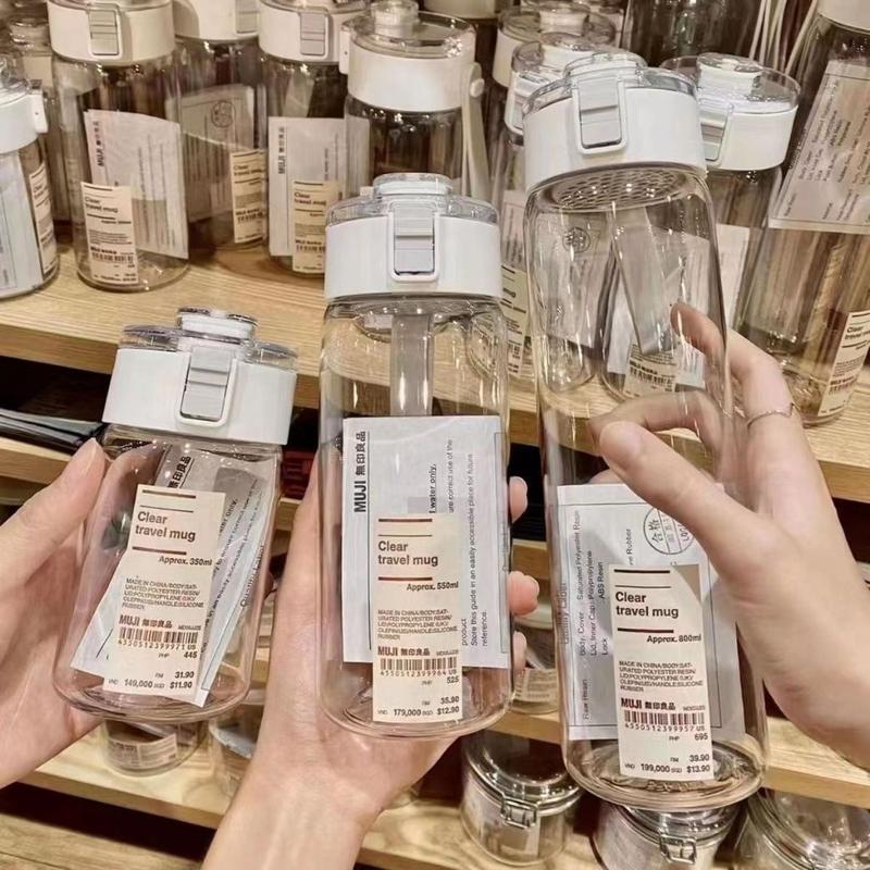  Bình Nhựa Đựng Nước Muji Trong Suốt 350ml 550ml 800ml Có Nắp Chống Tràn Và Quai Đeo Silicone Bình Đựng Nước Bằng Nhựa Có Nắp Đậy 