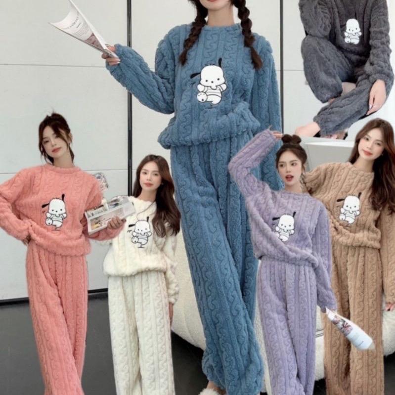 [QC]Bộ ngủ/ ủ kem nữ lông xoắn dài tay CÚN mềm mại ấm áp freesize Women Áo Quần Ngủ Áo Ngủ Pijama set đồ ngủ đông