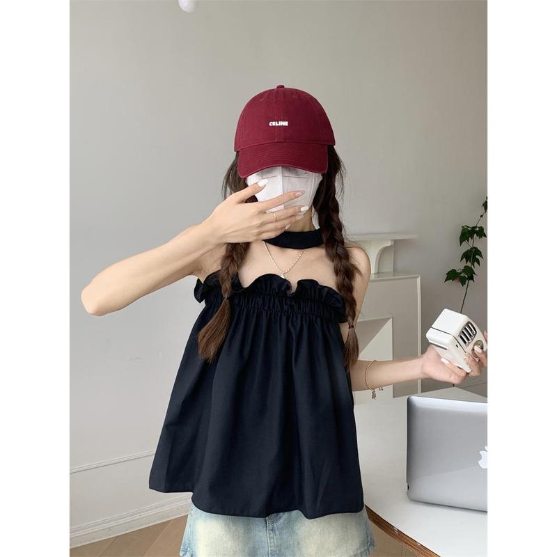 Cocoshop-Áo Ống Cổ Dây Gợi Cảm Cho Nữ, Áo Vest Lệch Vai Nhỏ, Áo Sơ Mi Búp Bê Ngắn Dáng Rộng Dễ Thương Và Gợi Cảm Kiểu Pháp Mùa Hè Để Mặc Một Lần Và Áo Dưới Nhỏ (60129) Top Denim Women 7