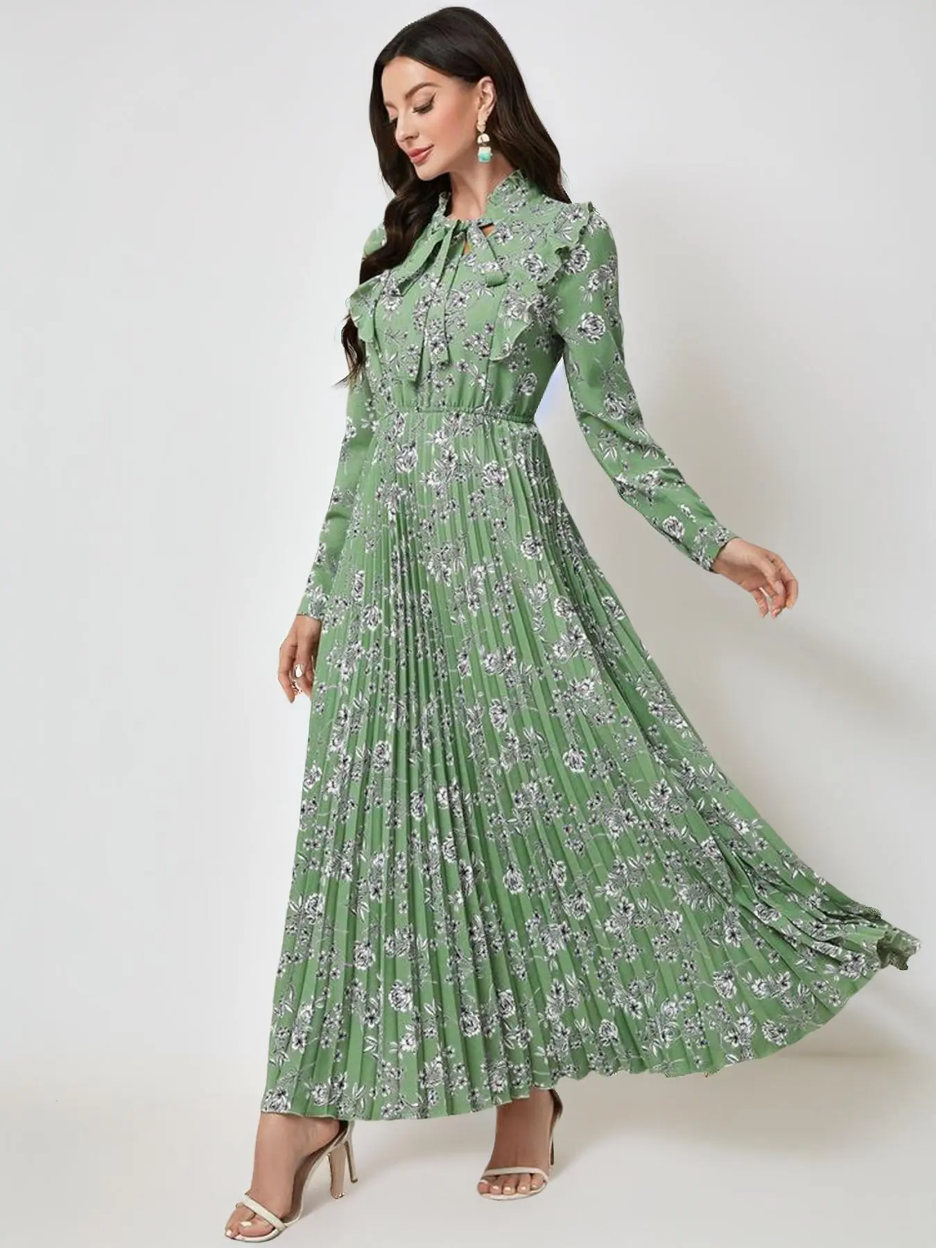 Women's Floral Print Tie Neck Chiffon A-line Dress, Dresses for Women, Elegant Flared Long Maxi Dresses for Spring Fall Vactaion, Festival Outfits