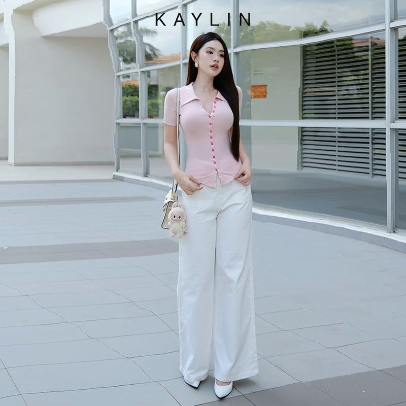 Áo thun KAYLIN cổ sơ mi phối nút chất vải thun cotton co giản phong cách thanh lịch - N2314 Nữ Women Top Cổ Tròn 6