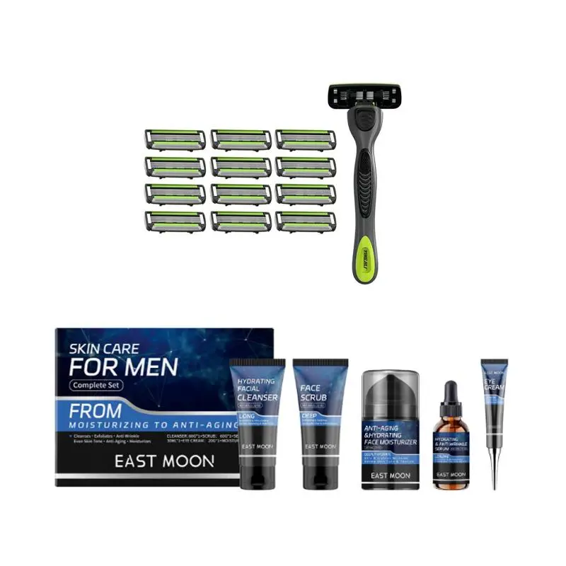 Men's Skin Care Kit & Manual Razor Set, Gentle Cleaning & Nourishing Skin Care Kit, Including Facial Cleanser, Scrub, Moisturizer, Serum & Eye Cream, Manual Shaving Kit, Comfort 3