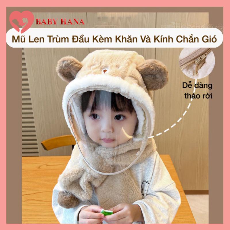 Mũ Len Trùm Đầu Có Kính Chắn Gió Tích Hợp Khăn Quàng Cổ Tiện Lợi Cho Bé, Nón Len Lông Cừu Có Kính Bảo Vệ