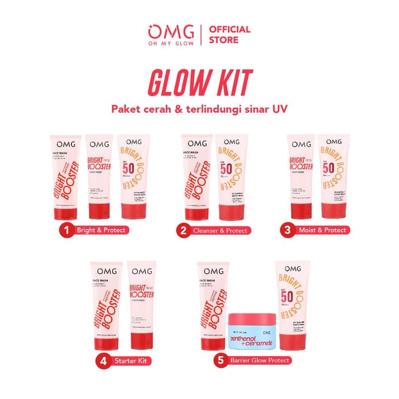 OMG Oh My Glow - Bright Booster Glow Kit Paket Perawatan Wajah untuk Kulit Tampak Glowing, Mencerahkan, Tampak Sehat, Menjaga Skin Barrier, Mengandung Niacinamide , Peptide, Vitamin C - Sabun Pembersih Wajah, Moisturizer, Sunscreen 1
