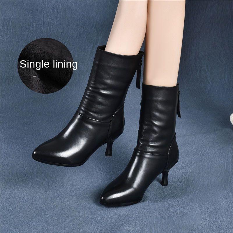 giày boot nữ Bốt Cao Đến Mắt Cá Chân Mũi Nhọn Cho Nữ, Giày Da Gót Giữa, Bốt Giữa Bắp Chân, Bốt Cotton Ấm Áp, Mới Shoes Cổ Cao