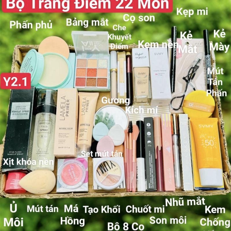 Bộ Trang Điểm 22 Món Y2.1 Makuep Cá Nhân Cơ Bản Dành Cho Người Mới Tập Trang Điểm Son Kem Phấn Phủ Son Môi +Xịt Khoá Nền+ Bảng Mắt Cosmetic Nữ Che Khuyết Điểm Mỹ Phẩm