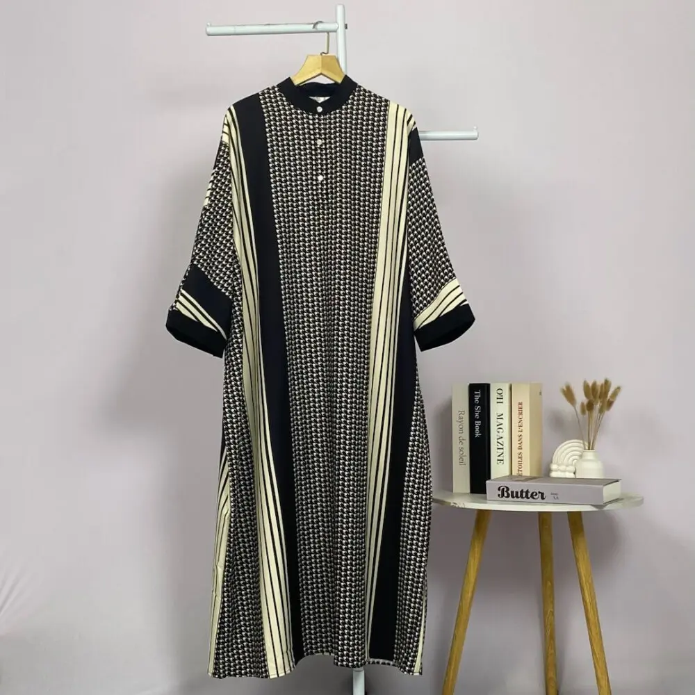 Asaya Gamis Wanita Elegan Motif Houndstooth Garis Modern Kekinian