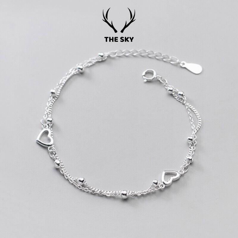 Lắc tay nữ THE SKY vòng tay hai dây trái tim hạt bạc phụ kiện trang sức dễ thương cá tính LT14