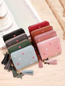 Cartera Corta de Mujer con Bordado de Corazón, Portatarjetas Casual con Múltiples Ranuras, Cartera Elegante para Uso Diario