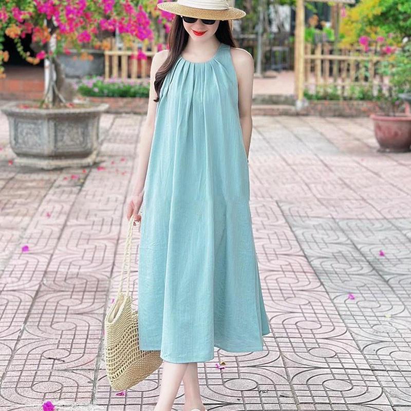  Váy Bầu Đầm Bầu Dáng Suông Sát Nách Xếp Ly Cổ Phong Cách Hàn Quốc - Đầm Bầu Thiết Kế Đi Chơi Đi Biển Thai Sản Thoải Mái Nữ Women Dress Khuy 
