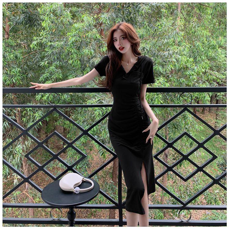 Product Introduction of Casual new style fashionable split mid length hooded skirt with women's summer temperament, waist cinched short sleeved drawstring dress 14